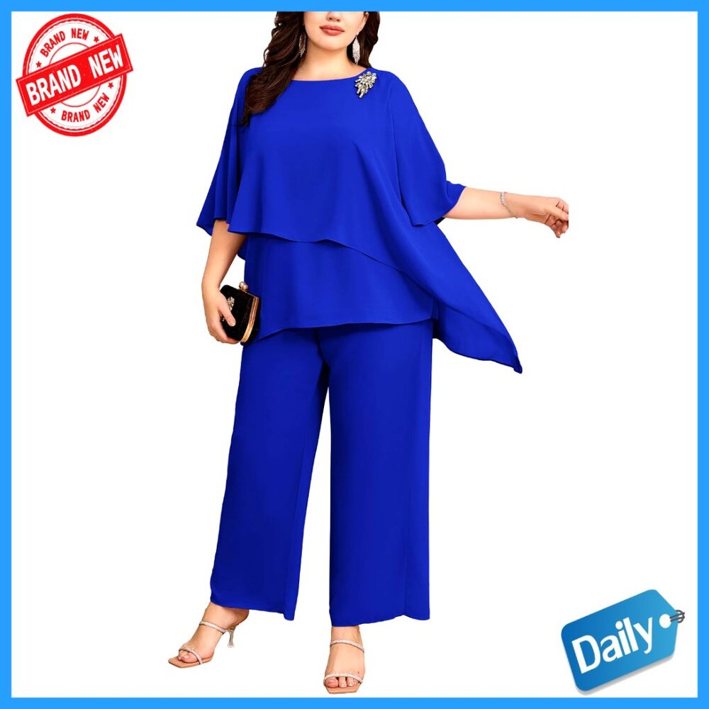 Plus Size Chiffon Pant Suit Elegant Wedding Guest Formal Occasion Rhinestone